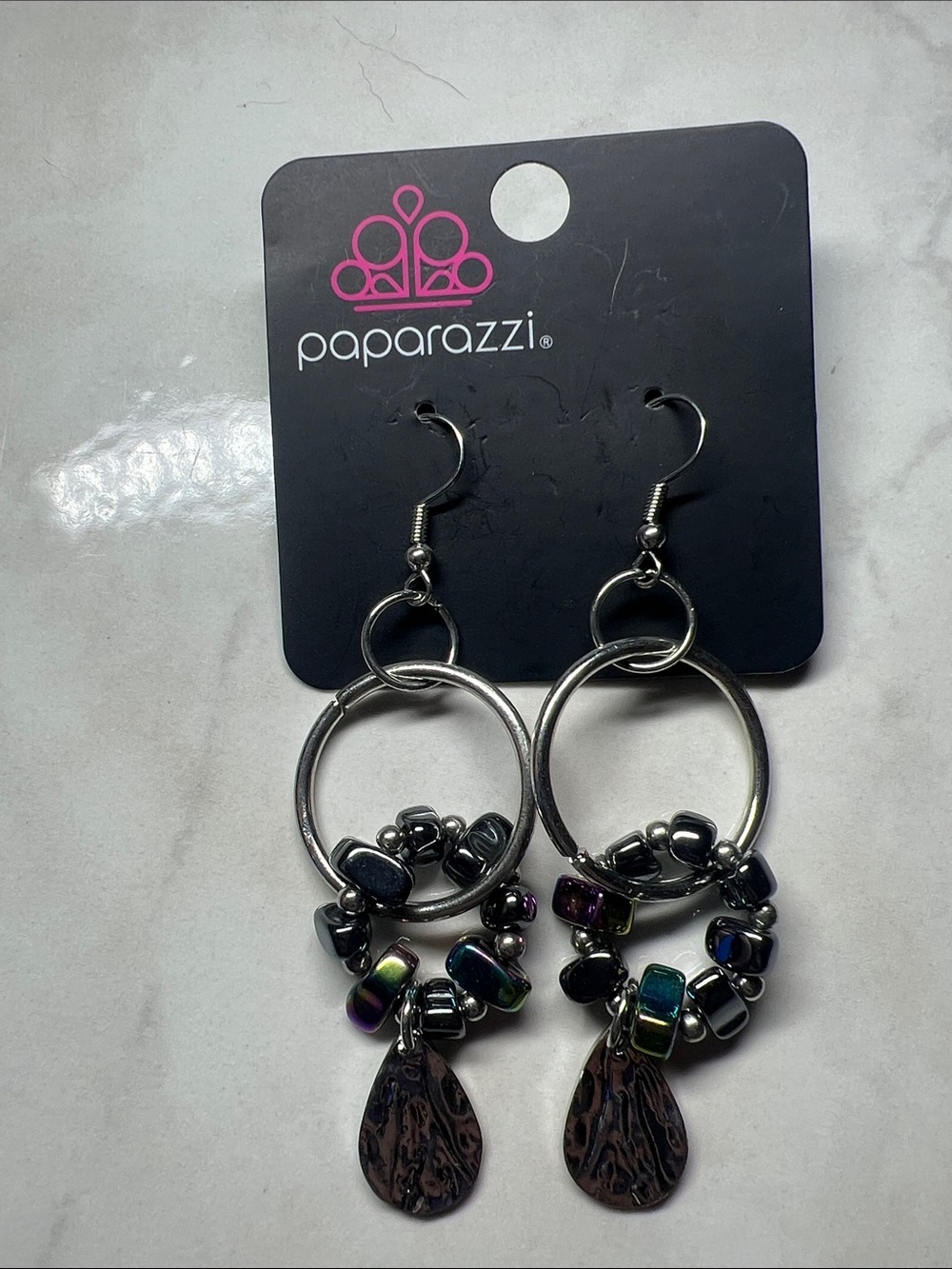 Paparazzi Iridescent Hematite Hoop Earrings with Teardrop Dangles